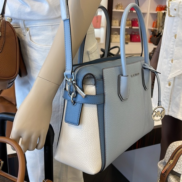Michael Kors Mercer Medium Top Sip Color-Block Belted Satchel Crossbody Purse MK - Picture 14 of 16